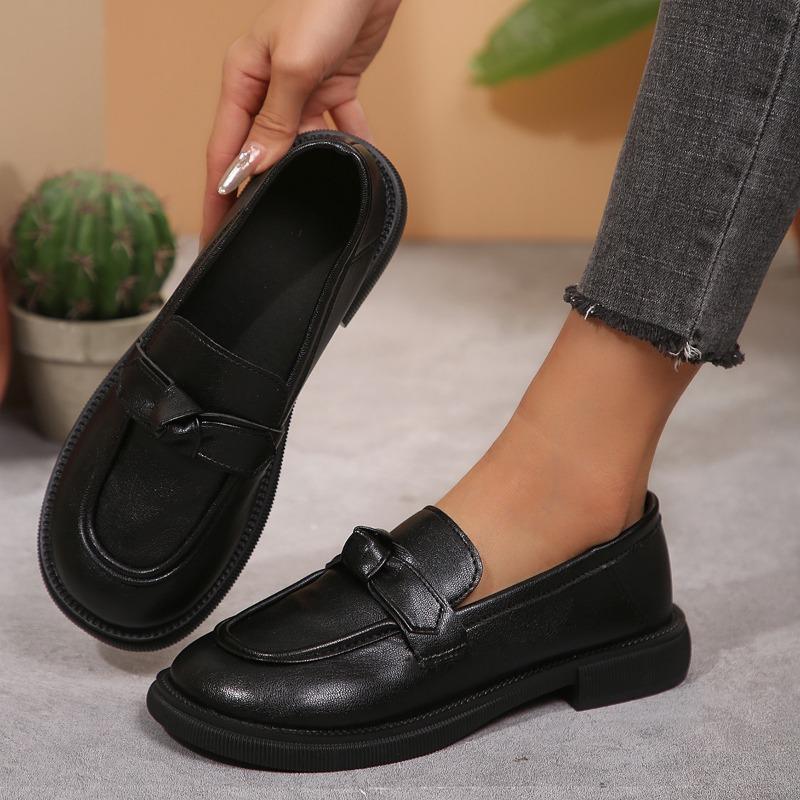 New Spring Autumn Soft Soled Single Shoes Women with Bow Square Heel Large Size, Le Fu Shoes, Small Leather Shoes for Women