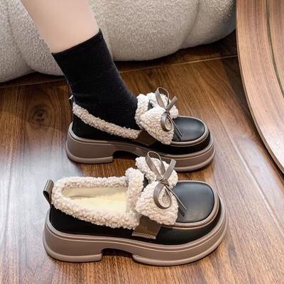 JK School Girl Velvet Small Leather Shoes Winter New Non-slip Doudou Shoes Retro Bow Loafer Cotton Shoes