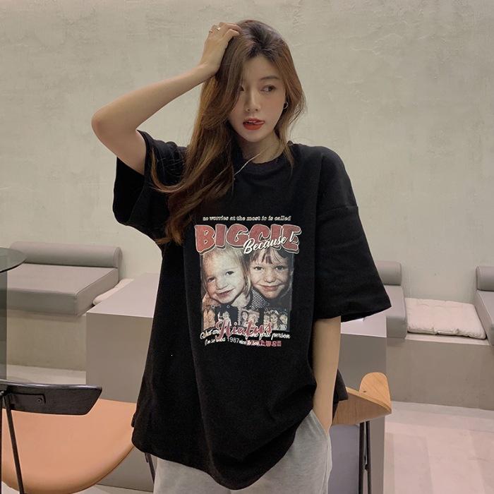 Special% cotton American retro trendy brand printed short-sleeved t-shirt women s summer design medium and long top M