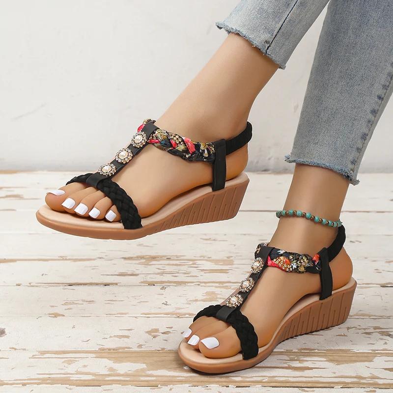 Fashion Women Sandals Wedges Bohemian Flower Anti-slip Sandals Women Beach Slip On Outdoor Heels Roman Shoes Woman Sandalias De Mujer