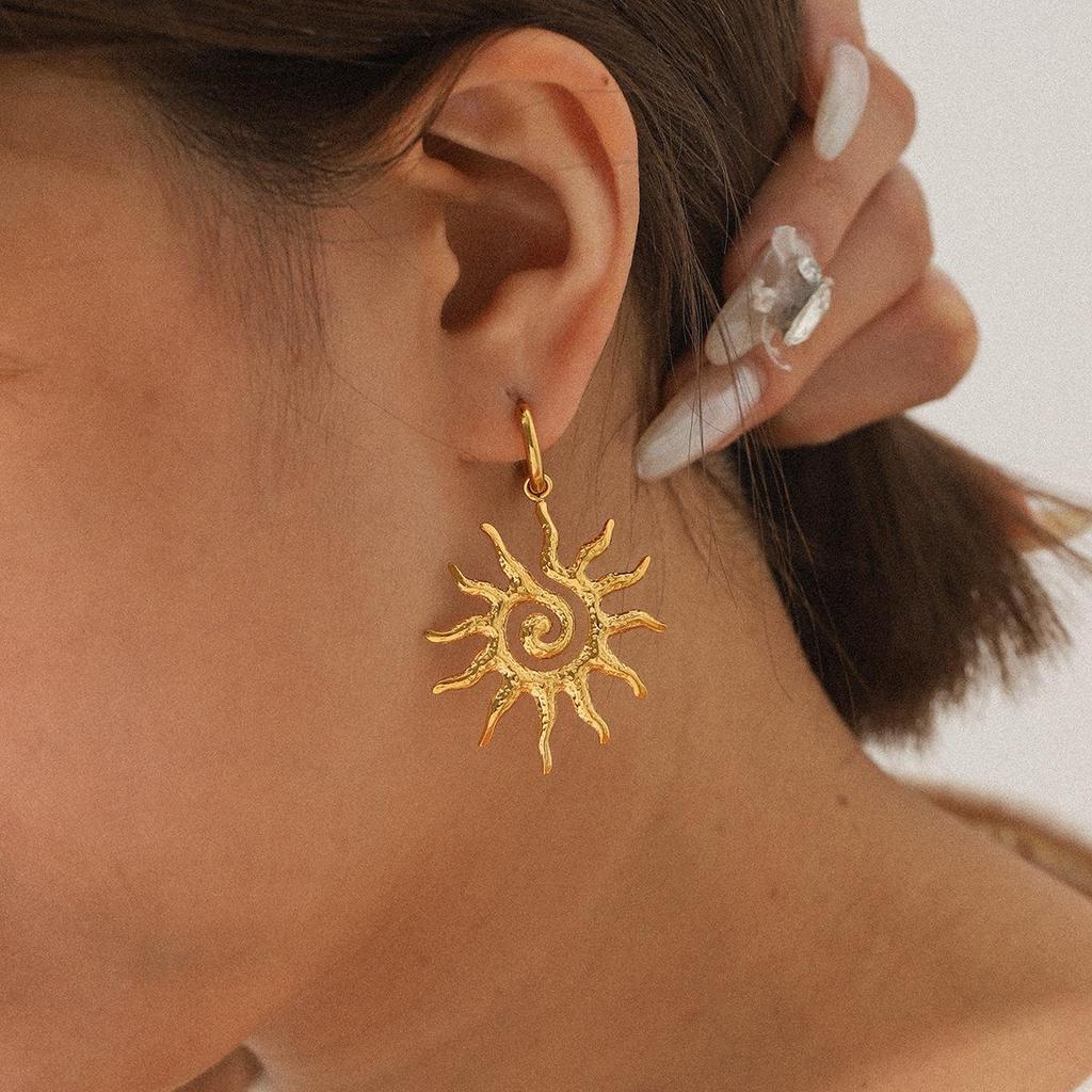 European & American Stainless Steel Sun Stud Earrings: High-End, Non-Fading, Versatile, Hollow Spiral Pattern Jewelry