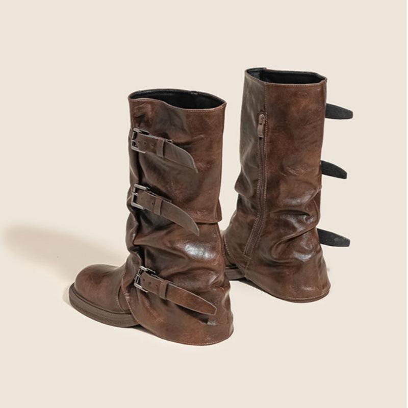 Soft Leather~ Wasteland Wind Boots Women's Black Vintage Pleated Pile Boots Martin Boots Belt Buckle Medium Pants Tube Boots Tide