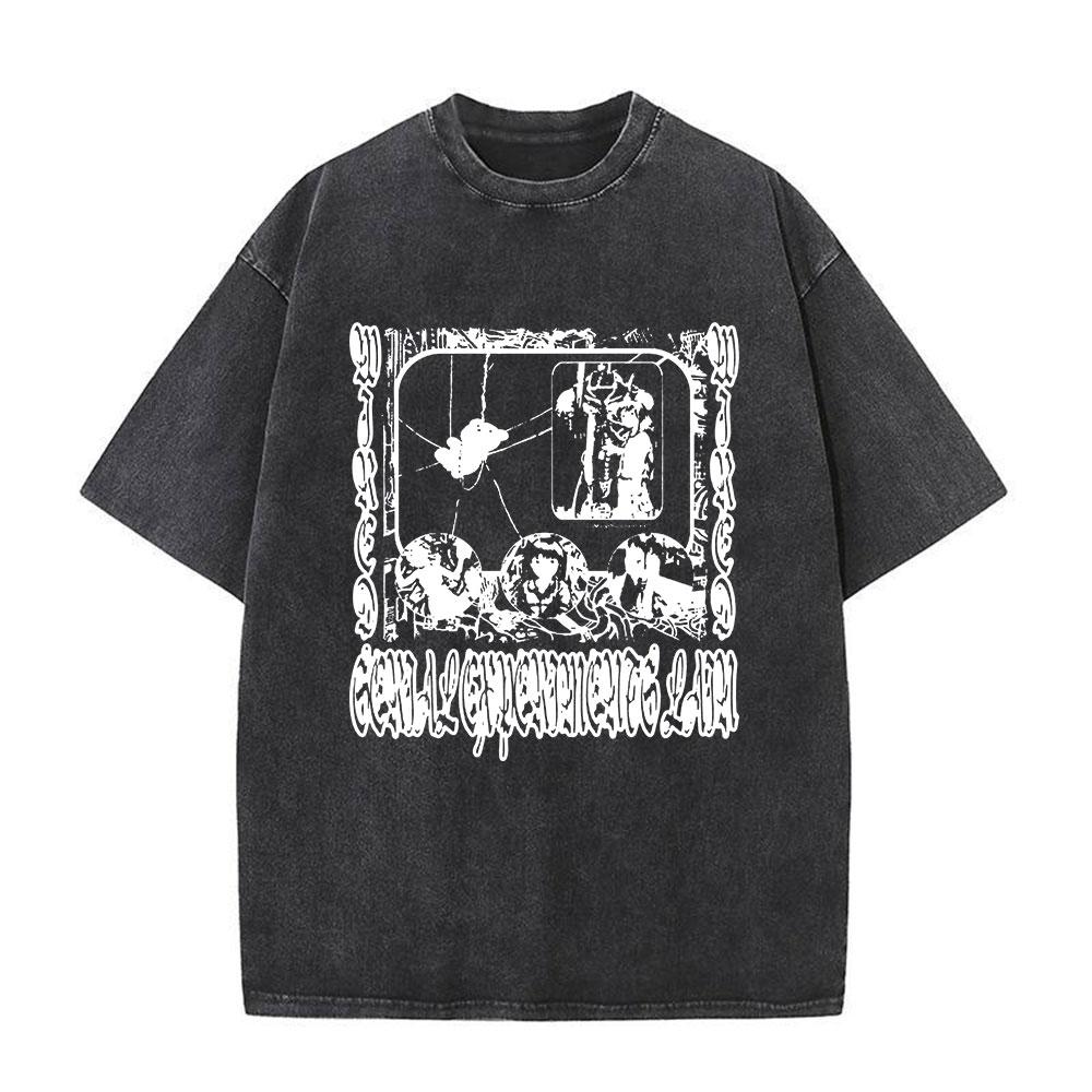 Japanese Anime Serial Experiments Lain Vintage Washed T Shirt Manga Iwakura Girl Sci Fi T-shirts Men 100% Cotton Casual T Shirt