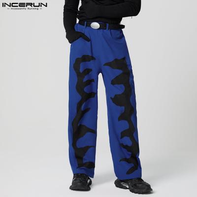 Men Zipper High Waist Stitching Wide Leg Pants Print Long Trousers