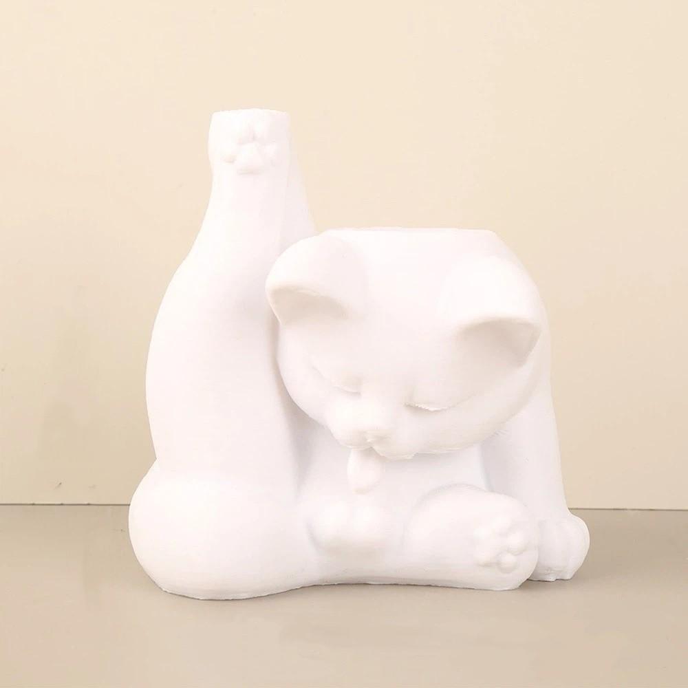 Funny Makeup Brush Holder 3D Printed Desk Storage Box Licking Paw Cat Statue Stationery Storage