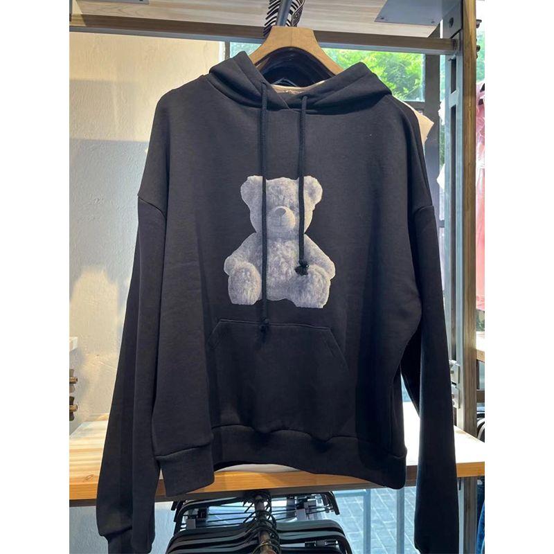 Fall 2025 New Arrival New Arrival Women's Blue Bear Printed Hoodie Dark Blue Lazy Coat