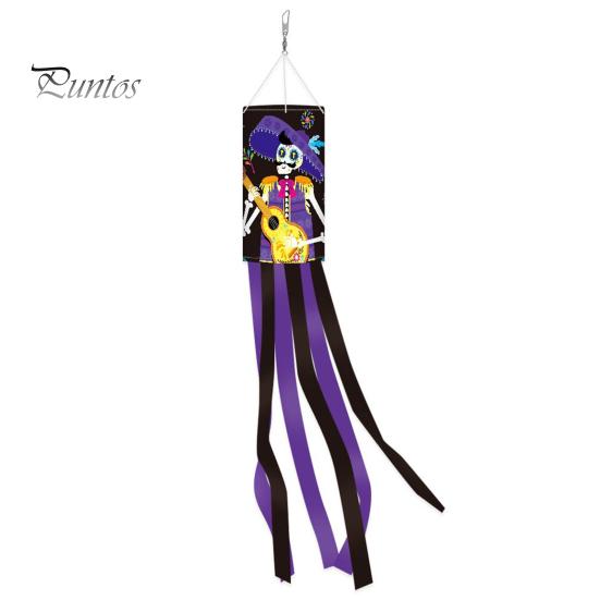 Layered Festive Scene Setup Day of The Dead Windsocks, Dia De Los Muertos Hanging Flag, Floral Windsock Skull Wind Socks with Flowing Tails for Front