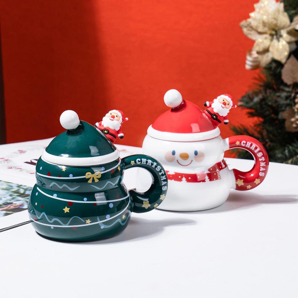 Large Capacity Snowman & Santa Claus Ceramic Mug Set with Lid & Spoon – Ideal Christmas Gift