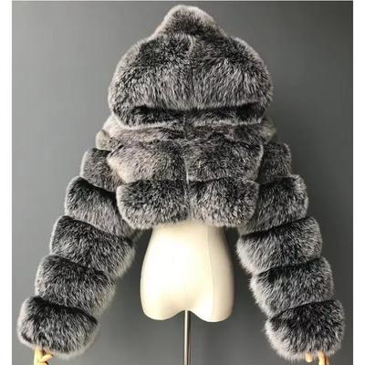 Fellartige Cropped Kunstpelzmäntel Jacken Damen Flauschiger Übermantel mit Kapuze Gerader Kurzer Winterpelzjacke Mode Streetwear