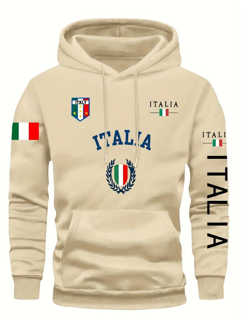 Italienische Flagge und Emblem Aufdruck Herbst Winter Modelle Herren Winddicht Warm Baumwolle Übergroß Fleece Hoodie Outdoor Pendler Hoodie