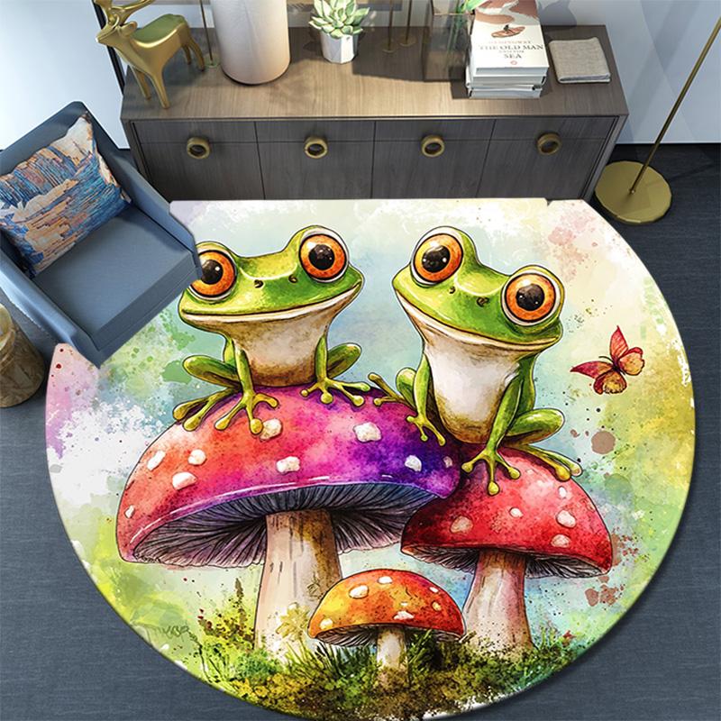 Frog Toad Mushroom Round Area Rug,Carpet Rug for Living Room Bedroom Sofa Playroom Decor,Non-slip Floor Mat