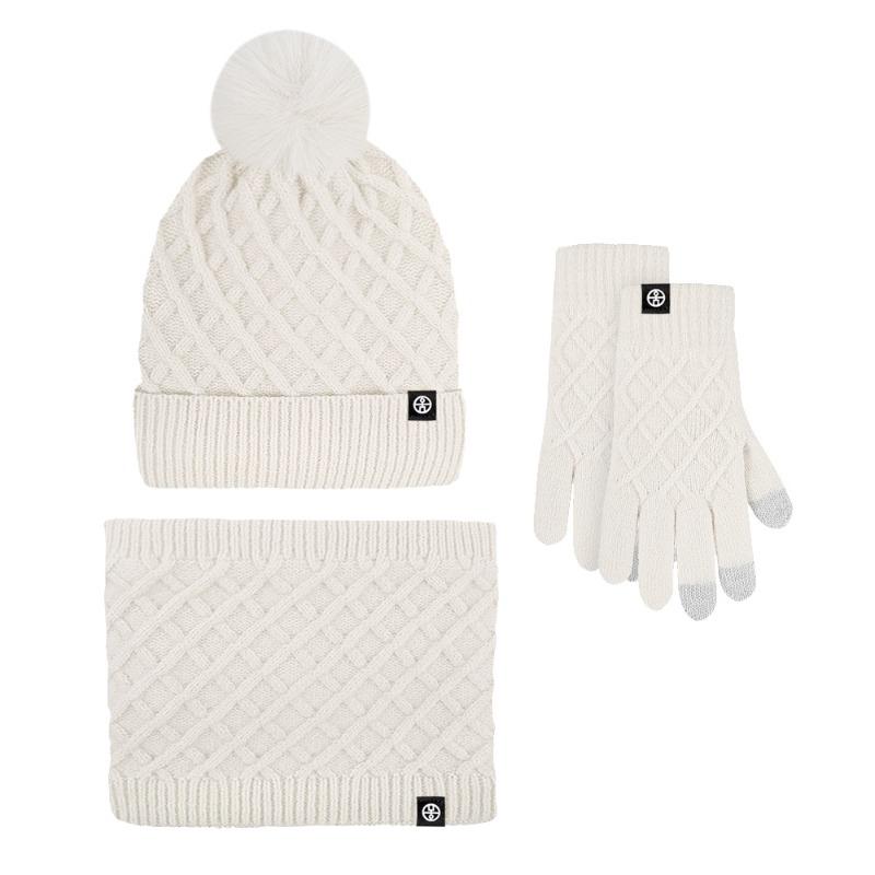 Winter warm hat, scarf, gloves three-piece set, plush outdoor hairball knitted hat, cold-proof scarf three-piece set