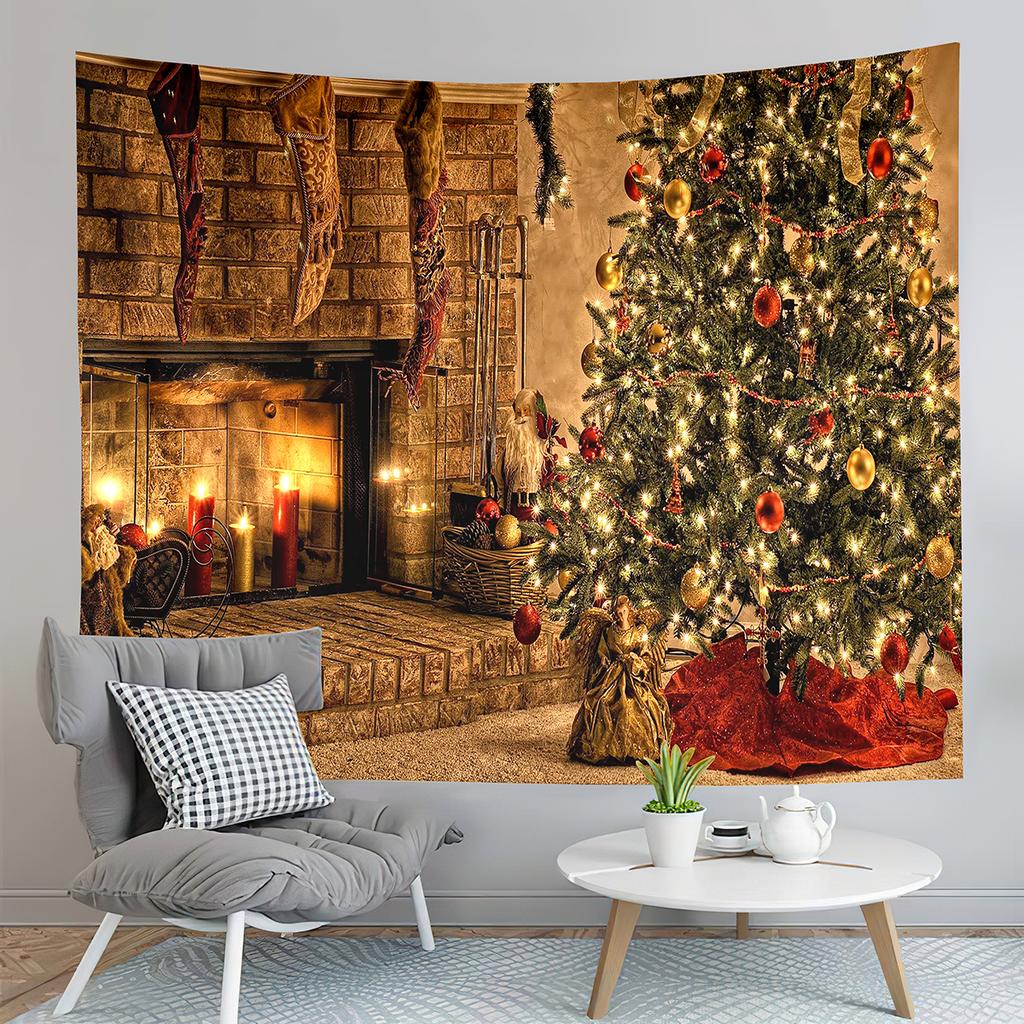 Merry Christmas Tapestry Winter Fireplace Tapestry Christmas Tree Gifts Wall Hanging Home Living Room Bedroom Dorm Tapestries