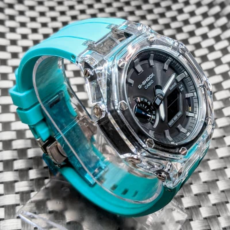 Casio Касиок Кастомный Комплект Безель Бирюзово-Синий G-SHOCK GA-2100/GA-2110/GA-B2100 [Прозрачный + Ремешок] (180~)