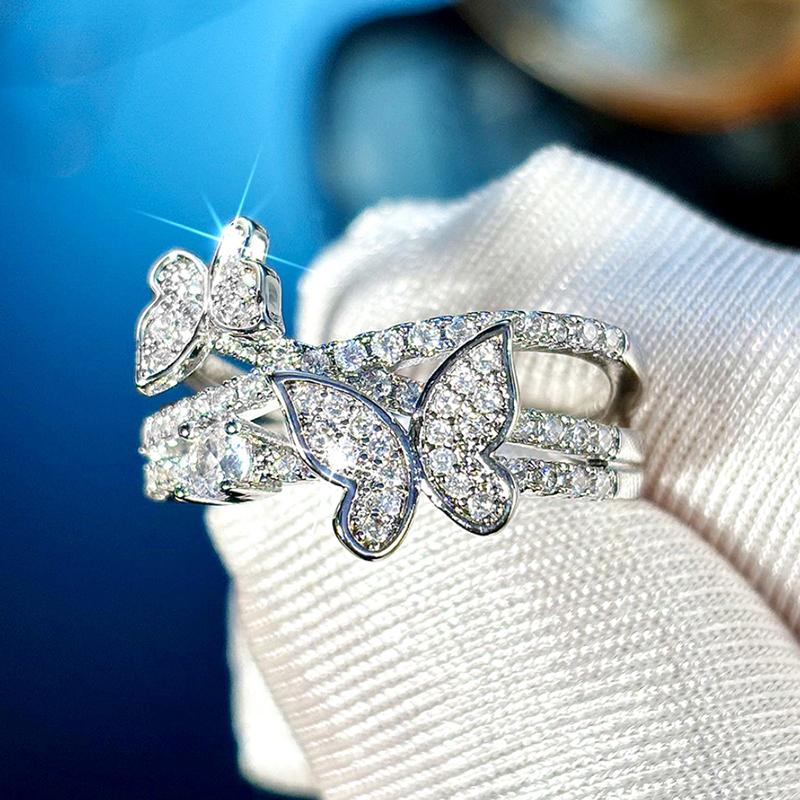 Huitan Romantic Rings with Double Butterfly Shiny Cubic Zirconia Finger Accessories Sweet Exquisite Graceful Jewelry for Wedding
