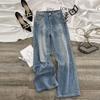 Comfortable Straight Jeans Design Sense Embroidery Loose Light Blue Skinny High Waist Drapey Wide Leg Long Trousers Jeans for Women Long Denim Pants