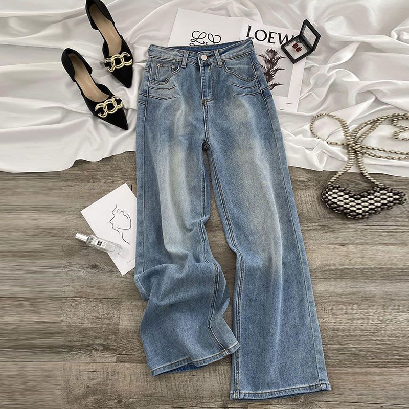 Comfortable Straight Jeans Design Sense Embroidery Loose Light Blue Skinny High Waist Drapey Wide Leg Long Trousers Jeans for Women Long Denim Pants