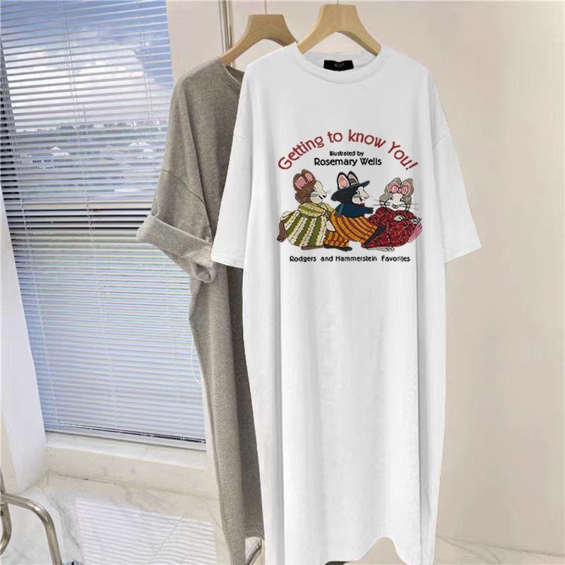 Kurzarmkleid Damen Sommer Übergröße Schlank Baumwolle Mittel und Lang T-Shirt Rock Über Knie Lässig Langer Rock