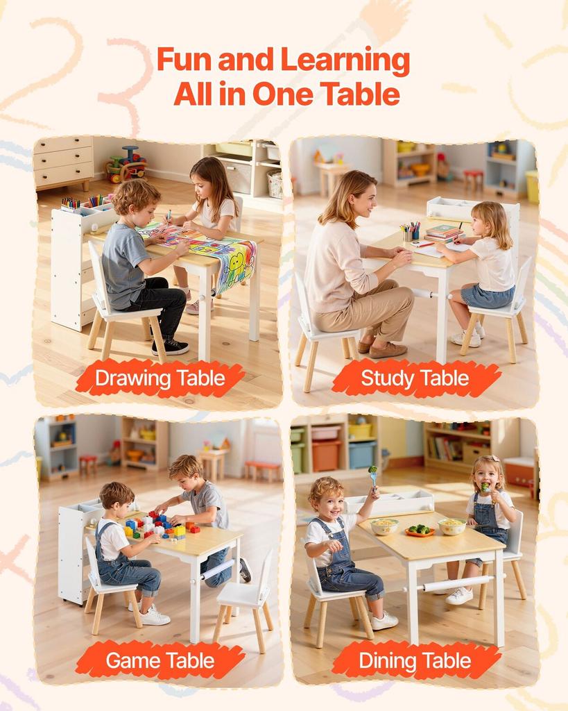 Kids Art Table and Chair Set, Toddler Craft Table with 3 Tiers Storage Cabinet, Wooden Kids Activity Play Desk with 2 Chairs, Art Craft Play Desk for