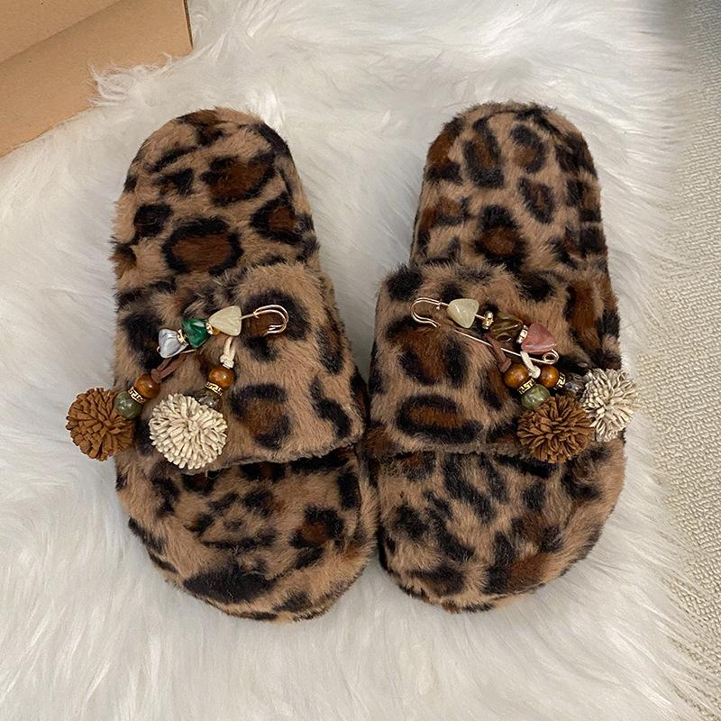 Mao Mao Slippers New Leopard Print Slippers In Autumn and Winter 2025 Wear One-word Crossed Cotton Slippers Outside the Home
