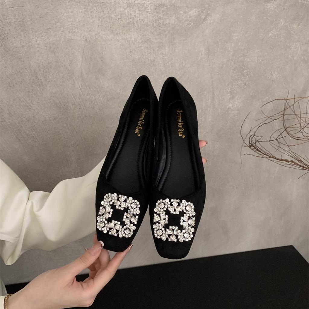 French Square Head Rhinestone Shallow Mouth Single Shoes Women's 2025 New Spring and Autumn Beanie Shoes Flat Laden Shoes Mary Jane Evening Shoes