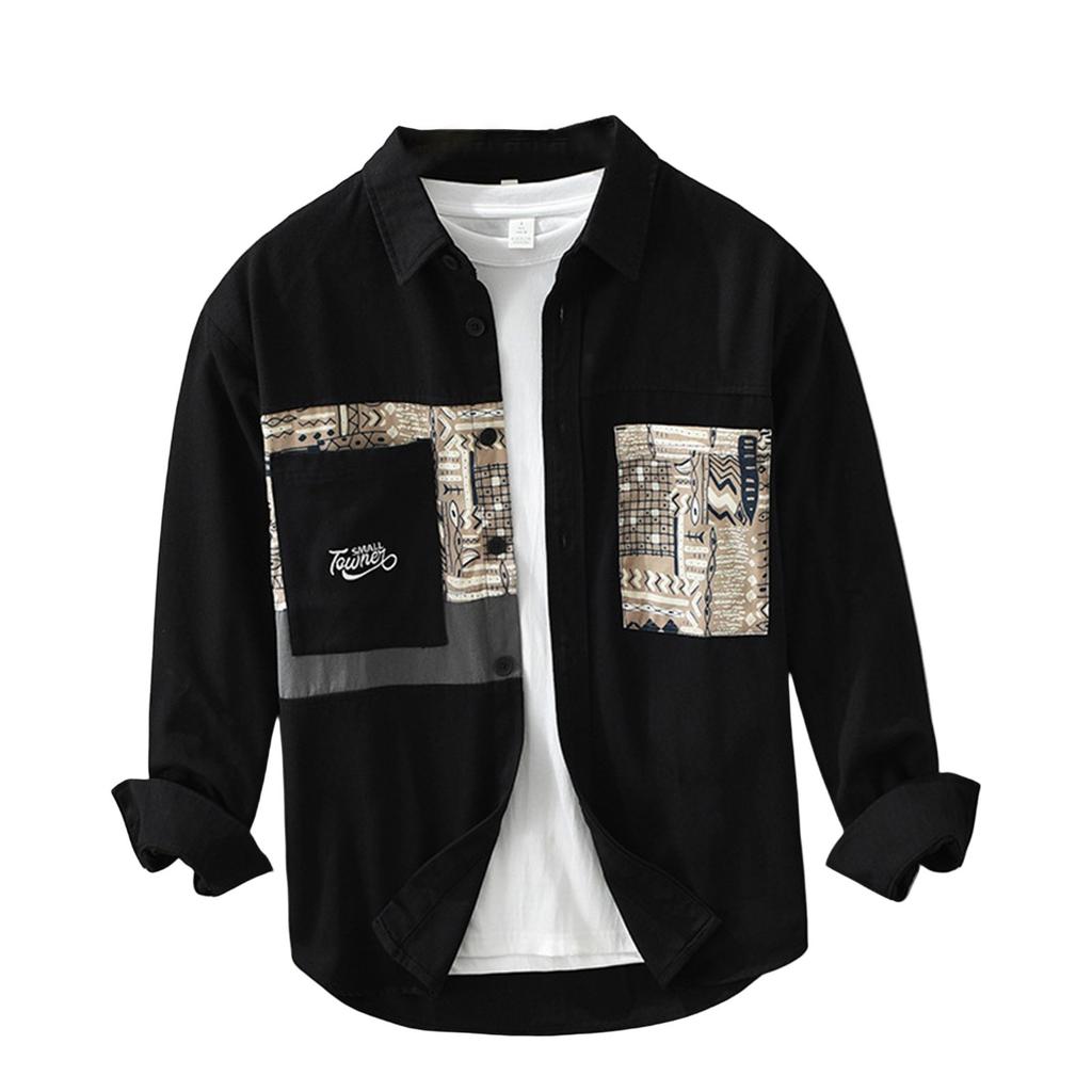 Printed Long Sleeved Shirt For Men, Fashionable Splicing, Versatile Casual Loose Top