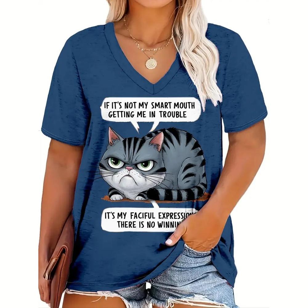 Dámská trička Kočky Tisk Ležérní Výstřih Krátký rukáv Volný Top Dámské Kreslené Oblečení Zvířata Móda Dívčí trička nadměrné velikosti