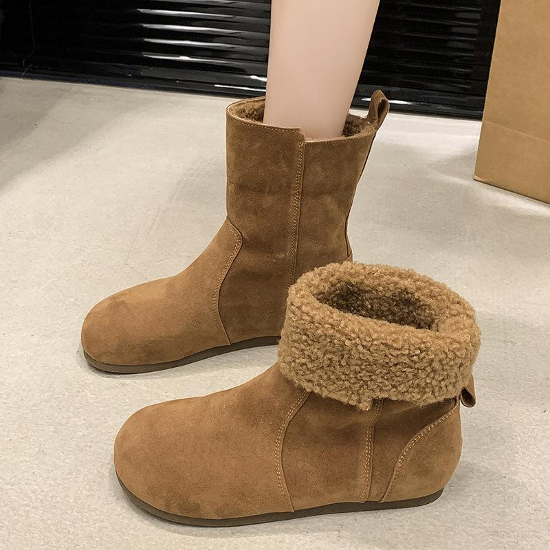 

Женская обувь 2025 двухсторонние зимние ботинки ретро пушистые короткие ботинки бархатные на плоской подошве осенне-зимние хлопковые туфли 40 малиновый