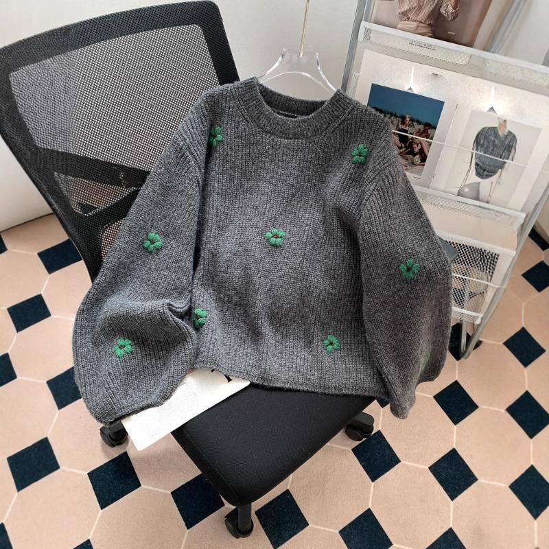 Women's Retro Embroidered Floral Pullover Sweater for Autumn and Winter, Loose and Lazy Style, High-quality Korean Knitwear