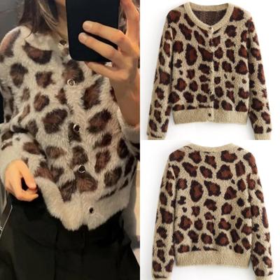 Suéter de punto corto con estampado de leopardo para mujer, chaqueta tipo kimono con botones y manga larga, elegante y a la moda