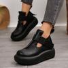 Runde Zehenpartie Dicke Sohle Leder Retro Flache Plateau-Schuhe Damen Freizeit Römisch Retro Stiefeletten Rutschfest Zapatillas De Mujer