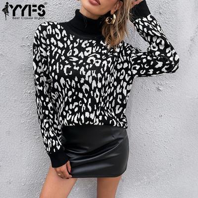 Damen Mode Lässig Herbst Winter Leopardenmuster Langarm Hoher Kragen Oberteile Damenbekleidung Wollstrickwaren Pullover