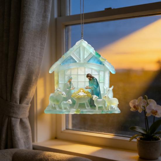 Seaglass Nativity Hanging Ornament Coastal Sea Glass Birth of Jesus 2D Acrylic Hanging Decoration Christmas Tree Holiday Religious Pendant