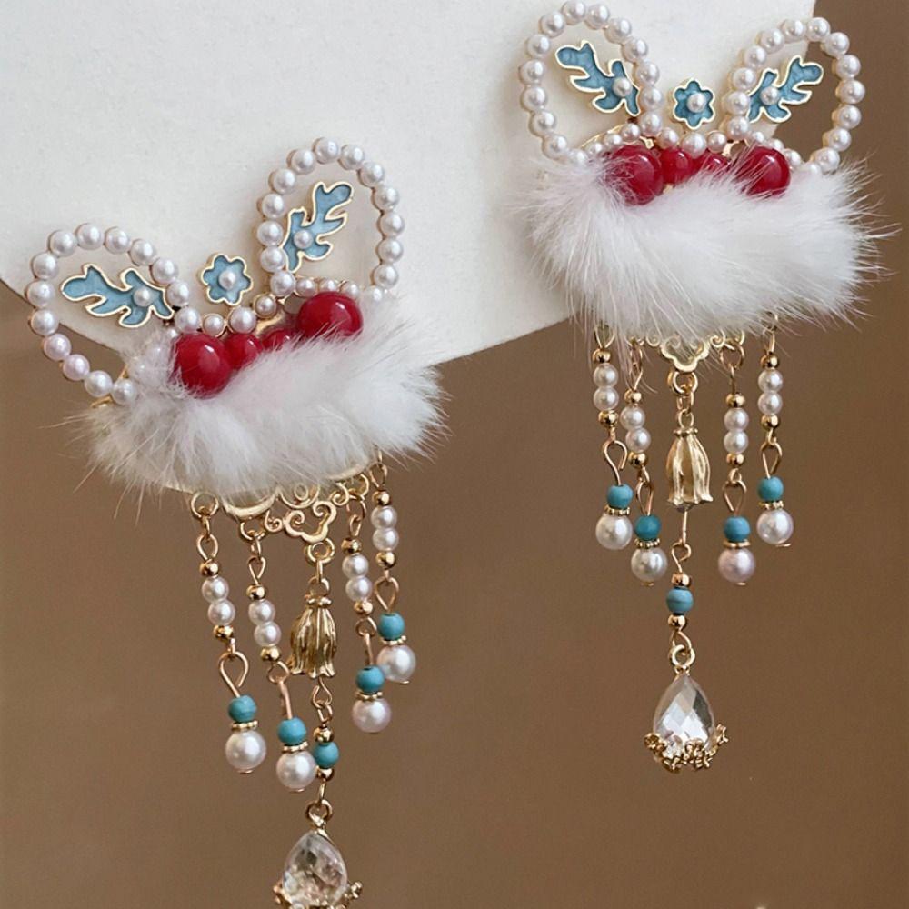 Plush Lion Dance Hairpin Pearl Tassel Chinese New Year Headwear Ancient Style Hairpin Children