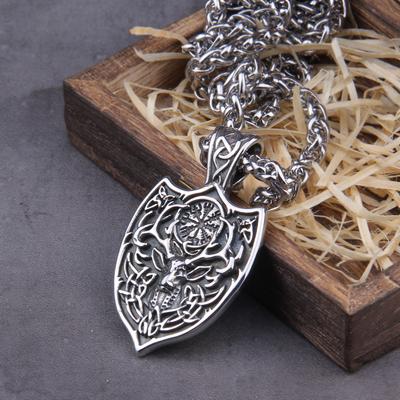 Vikings Jewelry Stainless Steel Deer Head Shield with Rune Necklace As Men Gift with Wooden Box