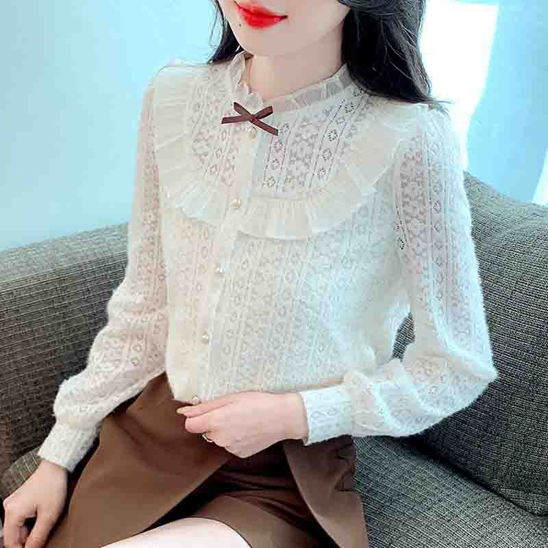 Fashion New 2024 Winter Long Sleeve Ruffled Collar Ruffles Slim Apricot Velvet Lace Blouse Shirt Women Tops Blouses Shirts J810