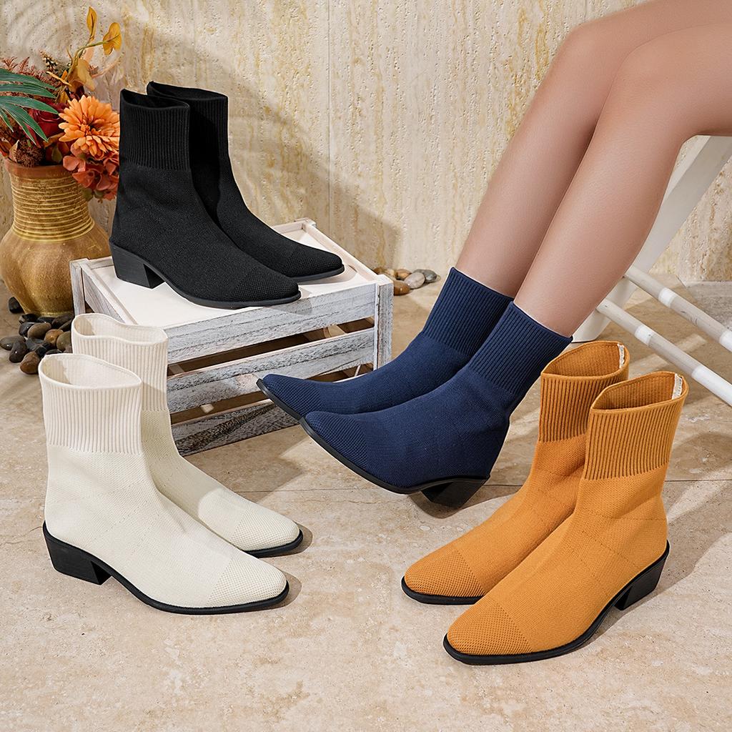 Single boot elastic thick heel slim boots knitted socks boots black square toe high heels short boots for women