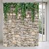 Stone Brick Wall Shower Curtain, Green Leaves Shower Curtain Set for Bathroom, Vintage 3D Vine with Lights Fabric Shower Curtain Restroom Bathtub