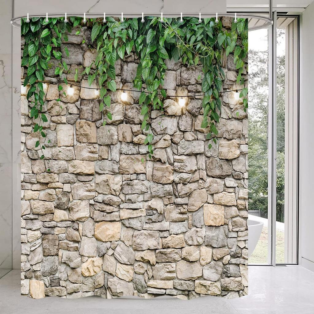 Stone Brick Wall Shower Curtain, Green Leaves Shower Curtain Set for Bathroom, Vintage 3D Vine with Lights Fabric Shower Curtain Restroom Bathtub