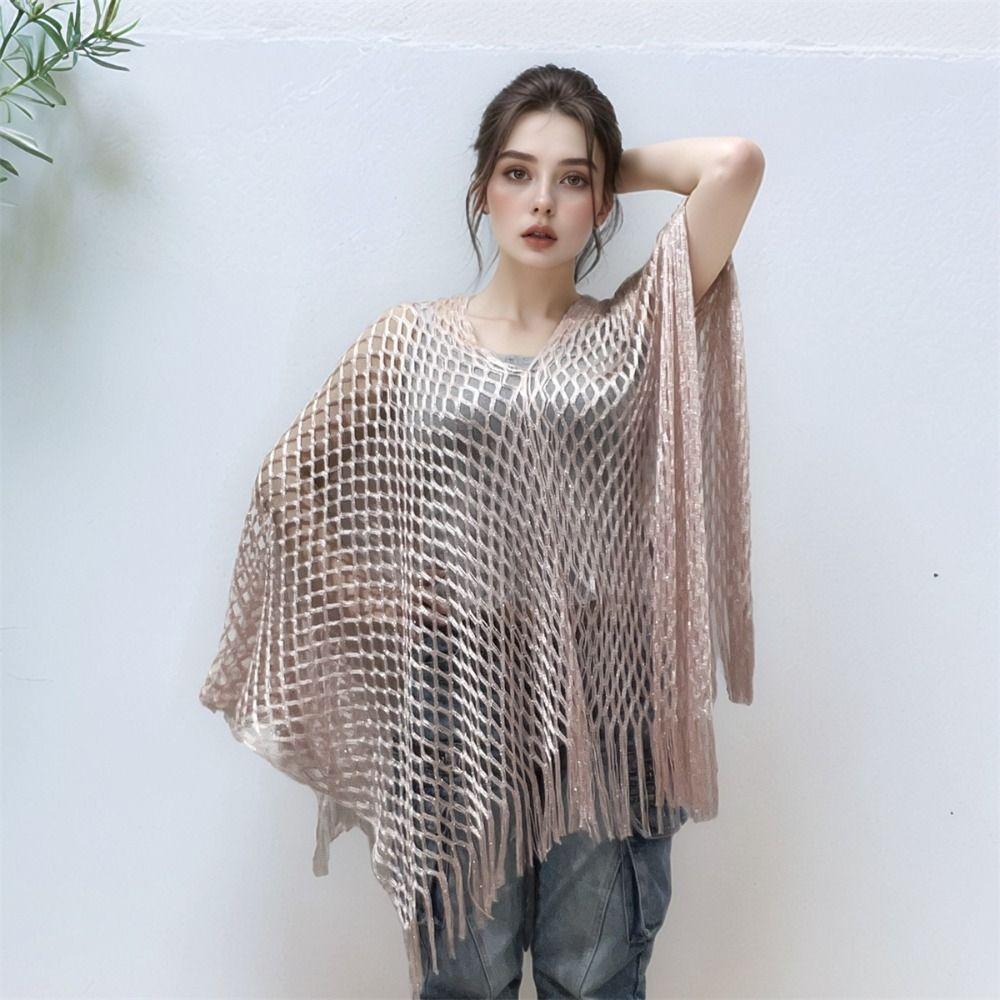 Châle Bohème Coupe Ample Pompons Tricoté Ajouré Simple Protection Solaire Cover-up Vacances