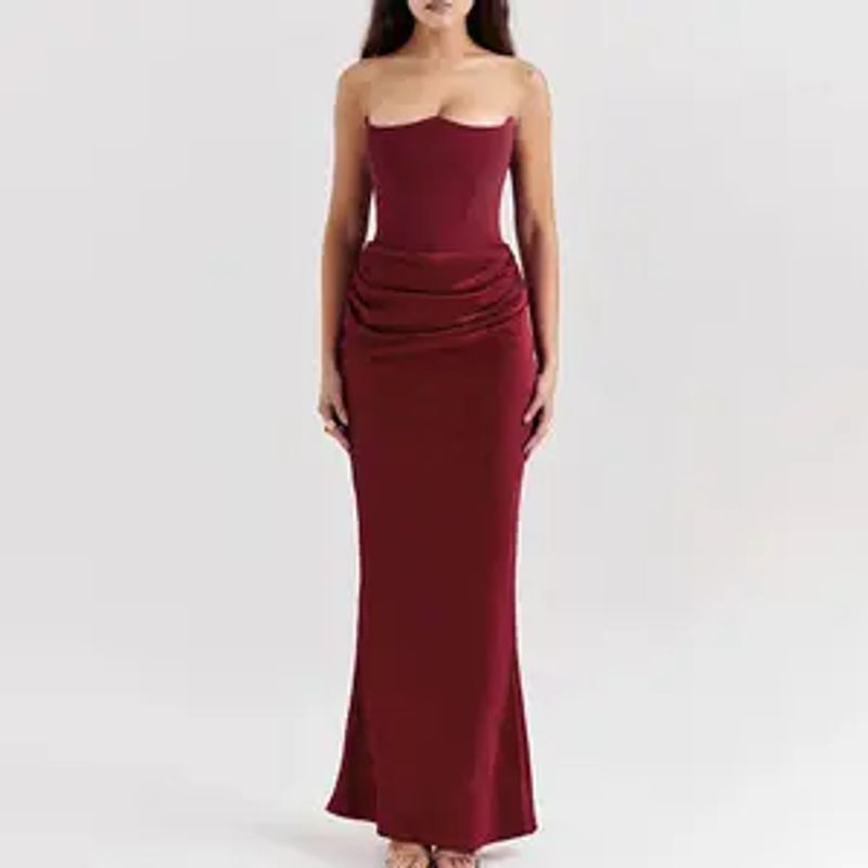 

2025 European and American Spring Summer New Waist Hugging Sheath Long dress Satin Tube Top Pleat Patchwork One piece Dress Women clothing Burgundy M