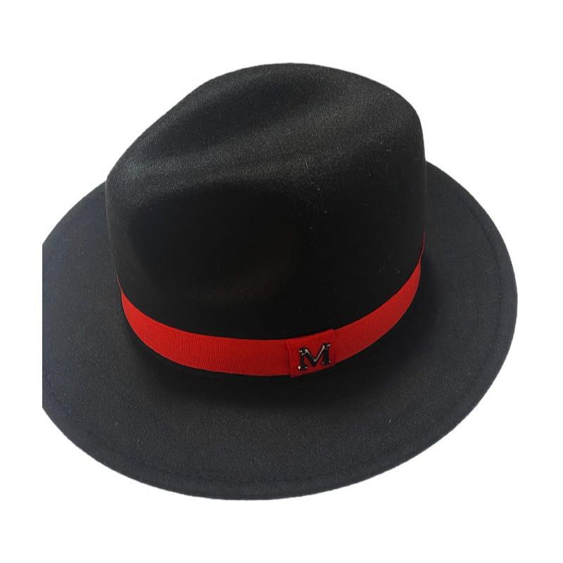 Fashion Outer Black Inner Red Wool Felt Jazz Fedora Hats With Thin Belt Buckle Men Women Wide Brim Panama Trilby Cap 56-58Cm