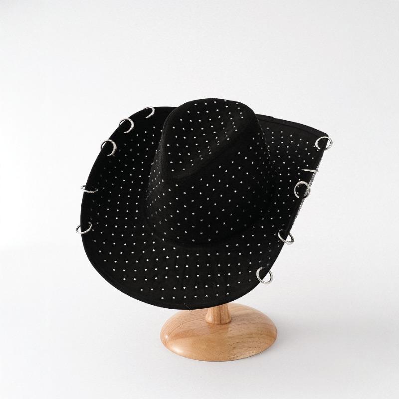 Men Women Rhinestone Metal Ring Decor Wide Brim Cowboy Hat