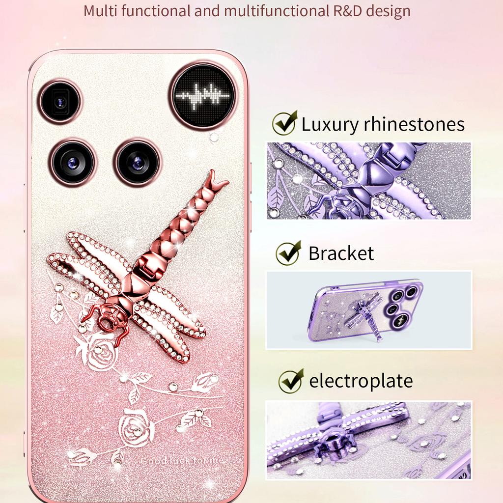 For Nothing Phone (3) 5G Case Dragonfly Kickstand TPU Flowers Glitter Phone Cover