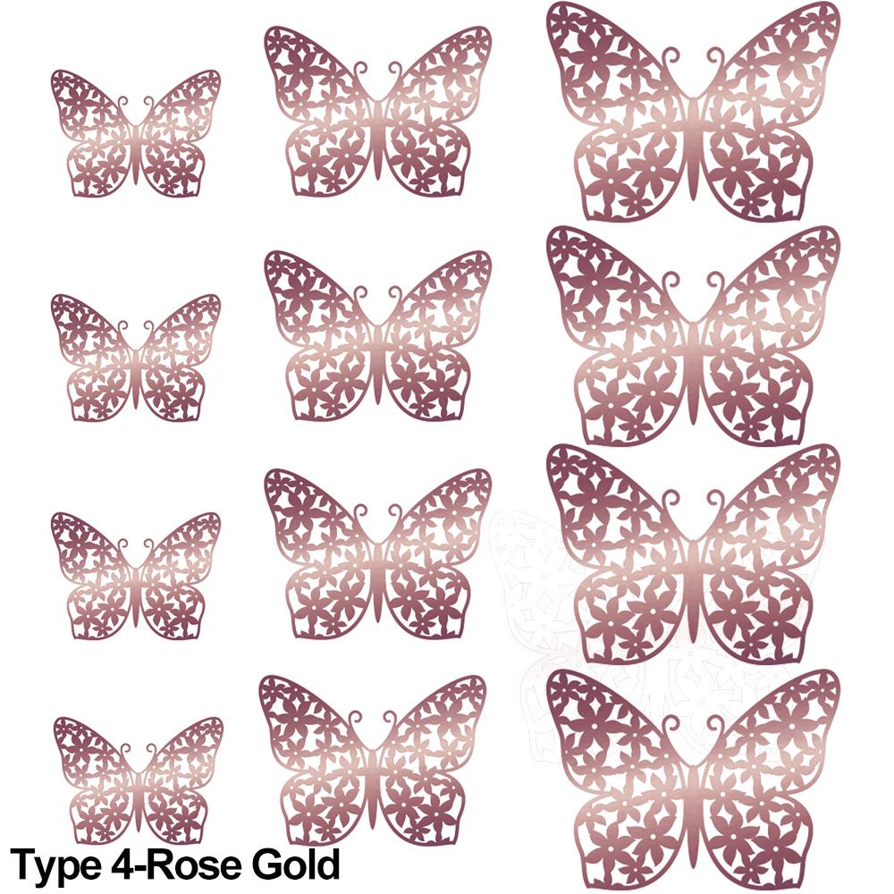 12Pcs/Pack 3D Hollow Out Butterfly Stickers Gold/Silver/Rosegold Mirror Decals Metal Texture Wall Art Wedding Party Supplies