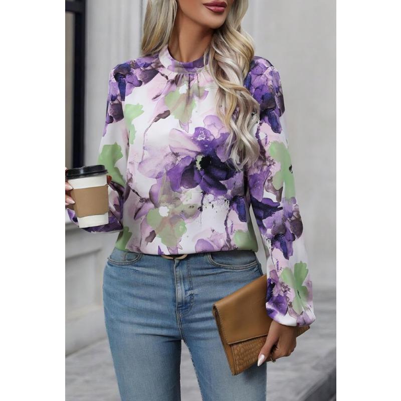 

YYFS женские модные повседневные весенне-осенние цветочные узоры с длинными рукавами и воротником-водолазкой, блузки и рубашки XXL фиолетовый