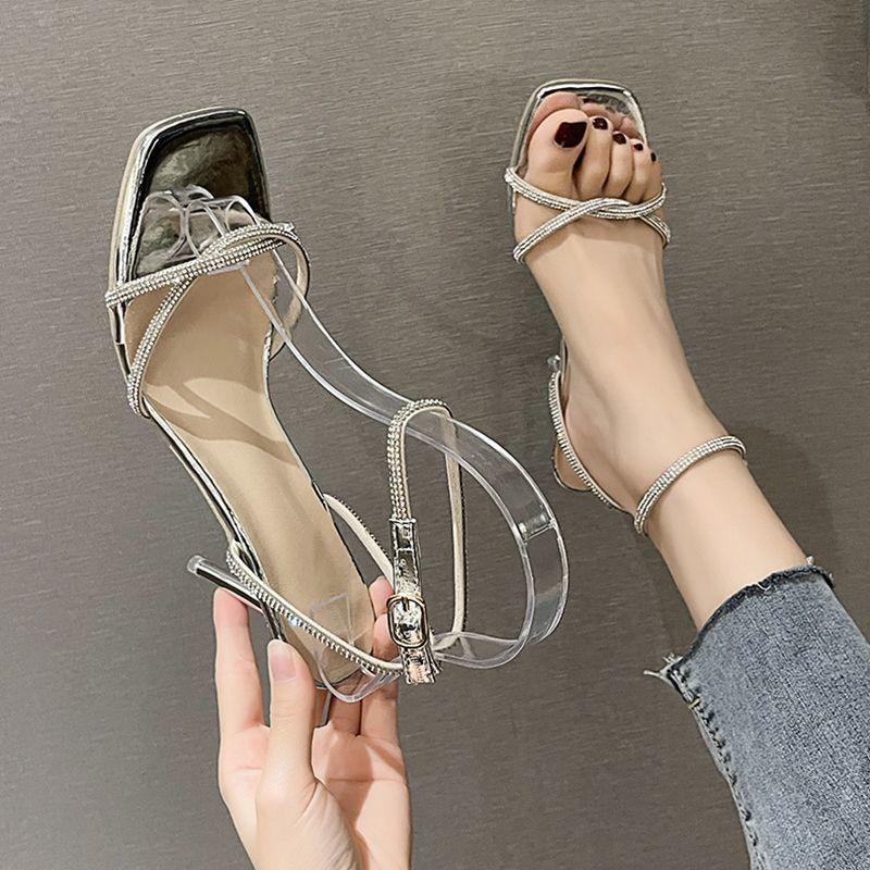 One-word Buckle Rhinestone Women's Fashion Sandals Open-toe Tide 2025 Summer New Versatile Fairy Style High Heels Stiletto