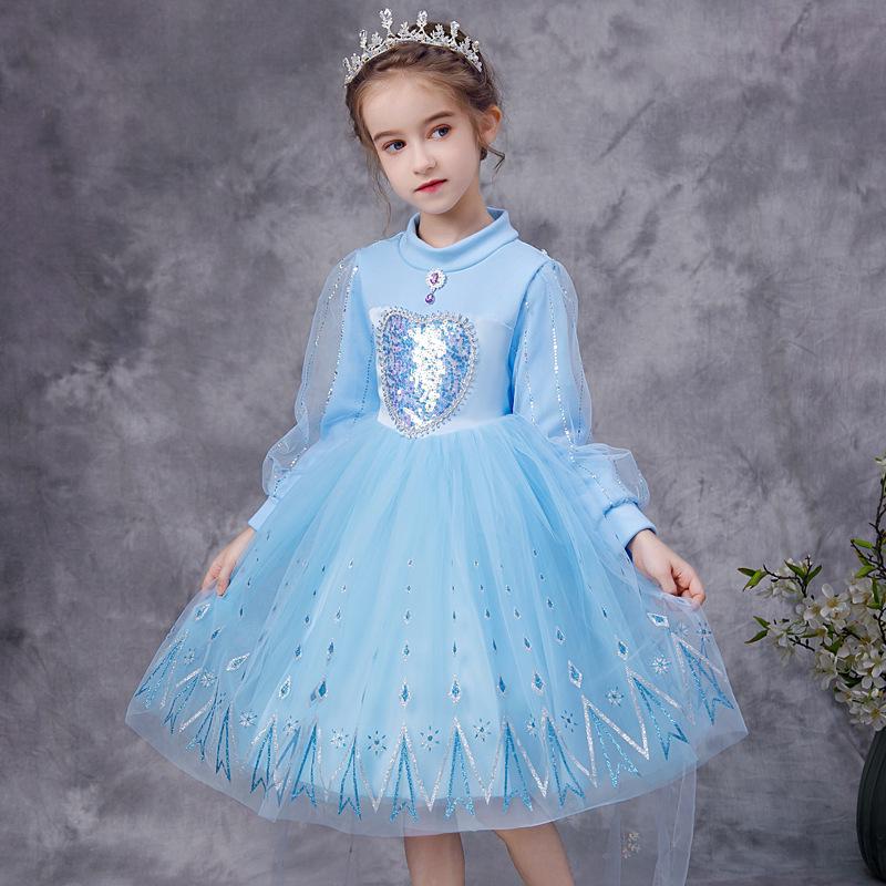 Girls' Frozen Elsa Fleece-Lined Winter Dress - Fashionable Princess Evening Dress