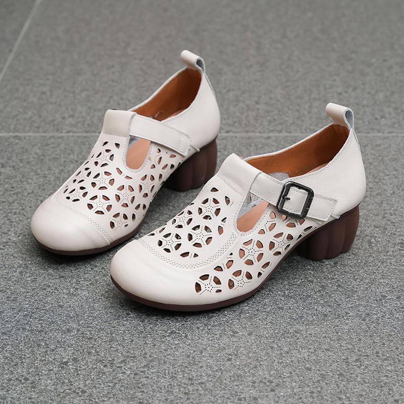 New spring and summer thick heel breathable single shoes women's first layer cowhide hollow hole shoes leather shoes mother shoes