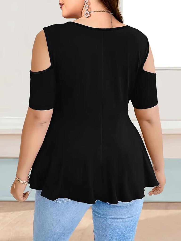 V-Neck Off-Shoulder Strap Short-Sleeve Plain Women's T-Shirt Top